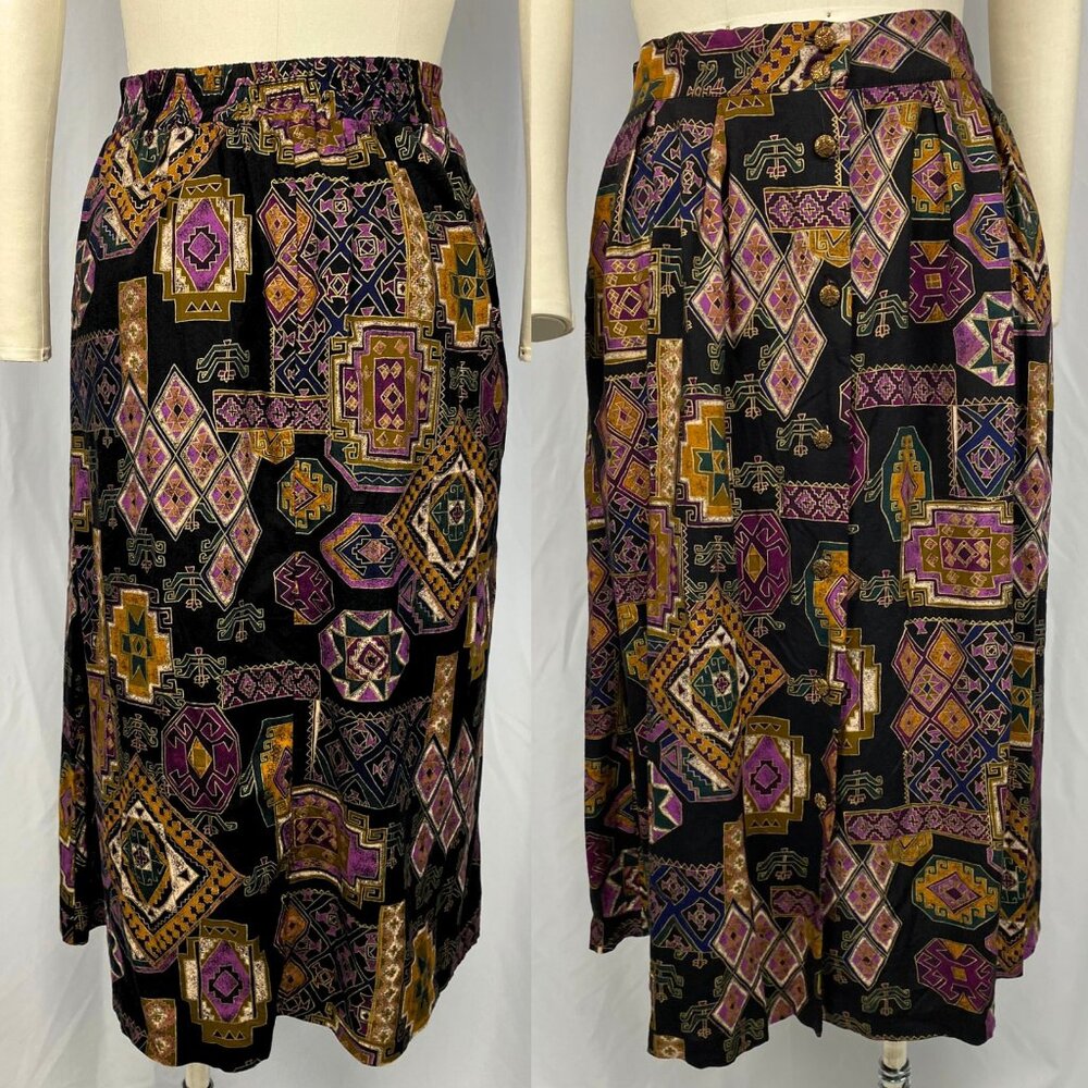 Vintage Nissa 90s moody black geometric bohemian folk midi button-up skirt large - Picture 3 of 6
